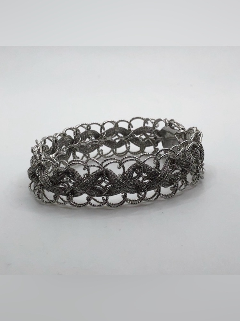 Vtg Sterling Circle Links Woven Braided Silver Charm Bracelet  7” / 18g